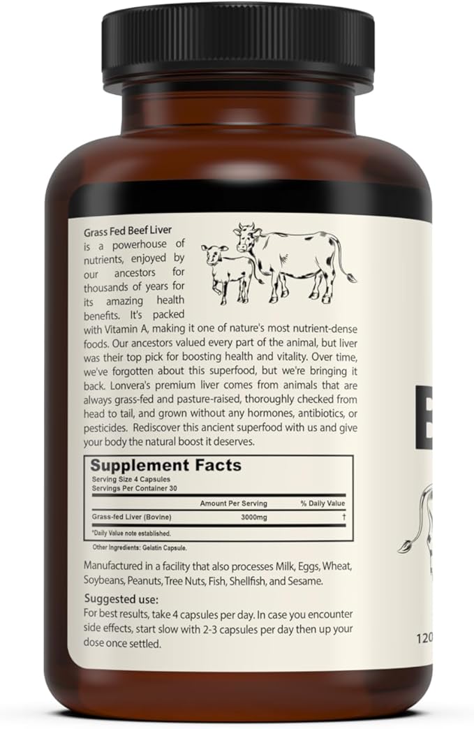 Grass Fed Beef Liver Capsules for Women and Men – 3000mg Freeze Dried Desiccated Organs – Nutrient Source for Joints Bones Hair Skin Nails &amp Daily Energy – 120 Pasture-Raised Capsules