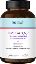 Vitamin World Triple Omega 3-6-9 3600mg with Fish Flaxseed &amp Borage Seed Oils Omega-3 Fatty Acids with EPA &amp DHA Supports Heart Brain &amp Immune Health Gluten Free 240 Softgels