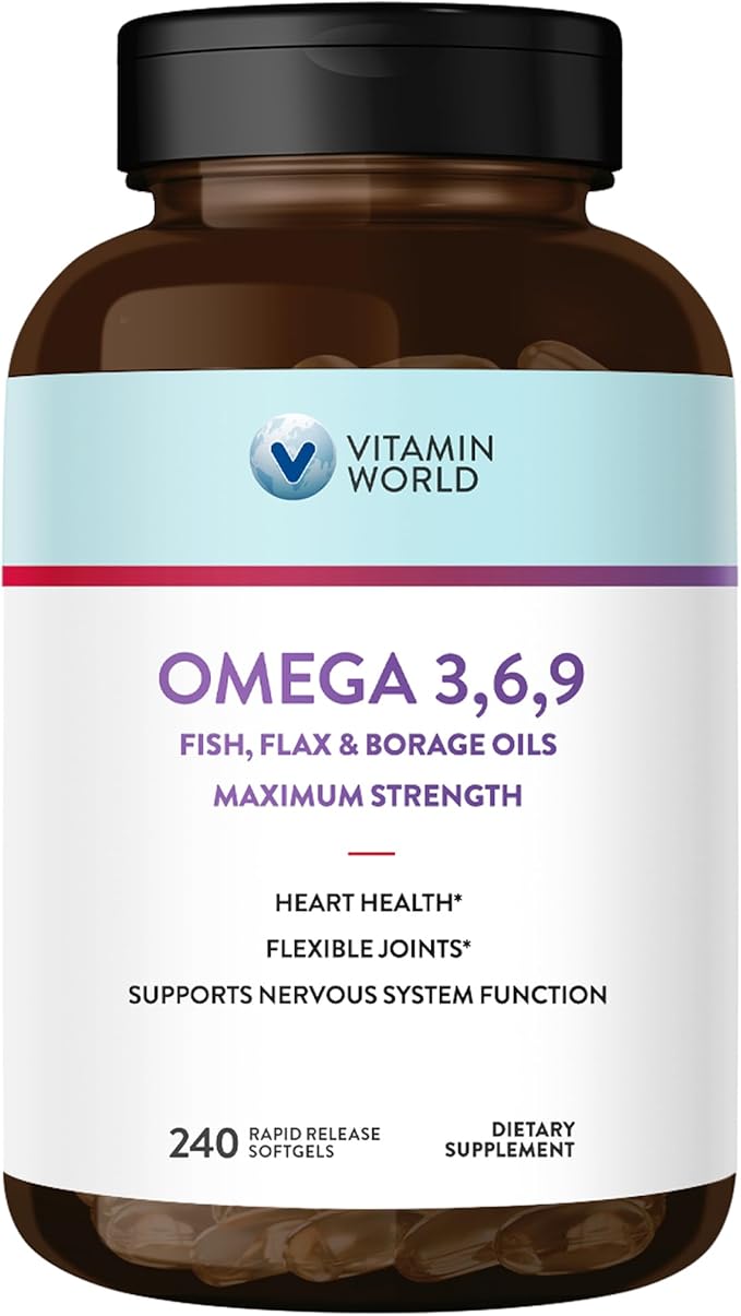 Vitamin World Triple Omega 3-6-9 3600mg with Fish Flaxseed &amp Borage Seed Oils Omega-3 Fatty Acids with EPA &amp DHA Supports Heart Brain &amp Immune Health Gluten Free 240 Softgels