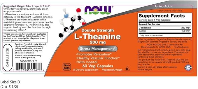 NOW Foods L-Theanine 200 mg 60 Vegetable Capsule (2 Pack)