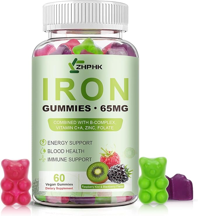 Iron Supplement for Women Men &amp Kids 65mg &amp Vitamin C 250mg per Serving with B6 B12 Folate- Energy Support for Iron Deficiency Anemia Vegan GummyRaspberry Kiwi &amp BlackBerry Flavor 60