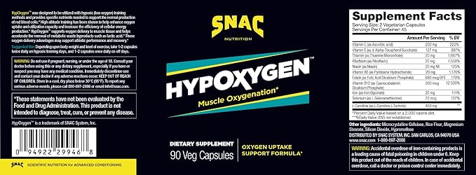 SNAC HypOxygen - Muscle Oxygenation Performance &amp Endurance Supplement Improves the Body’s VO2 Max &amp Assists with Recovery from High-Repetition Exercise 90 Veggie Capsules (45 Servings)