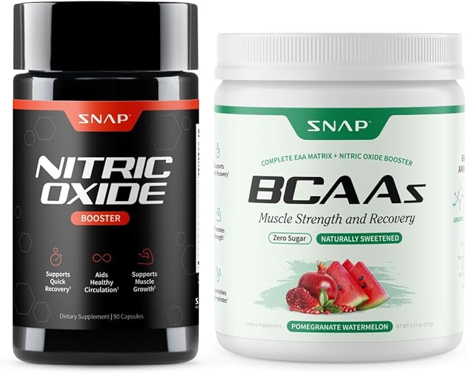 Snap Supplements Nitric Oxide Booster + BCAA Complete EAA Matrix Powder Bundle 90 Vegetarian Capsules + 30 Servings Pomegranate Watermelon