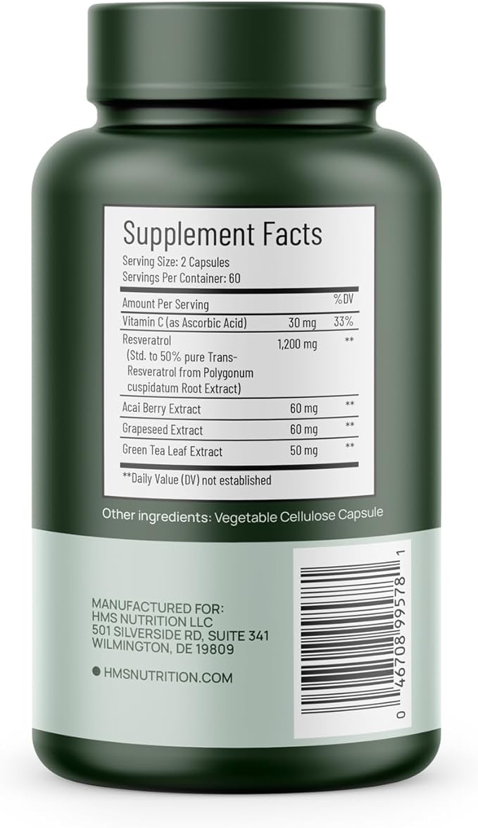 Resveratrol 1400 mg per Serving — 120 Vegan Capsules | High‑Potency Trans‑Resveratrol with Acai Grape Seed &amp Green Tea | Antioxidant Cellular &amp Heart Support