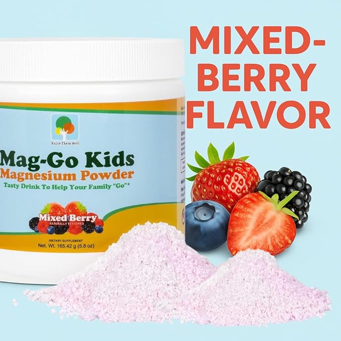 Raise Them Well Mag-Go Kids Magnesium Powder | Constipation Relief (Mixed Berry) | 90 Servings per Tub