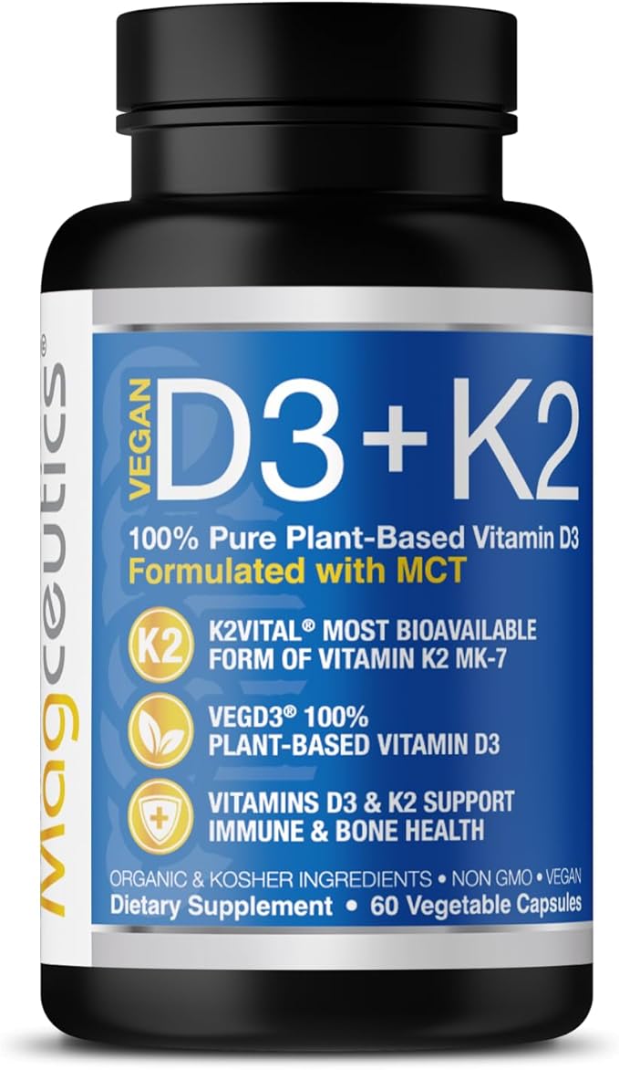 Vitamin D3 K2 with MCT 5000 IU Vegan D3 &amp 100 mcg MK7 K2 Support Strong Bones and Immune Health - 60 Capsules (60 Days Supply)