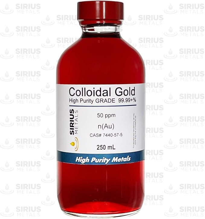 True Colloidal Gold – 50 ppm - 99.99+% Purity - 250 mL (8.45 Fl Oz) in Clear Glass Bottle - Made in USA