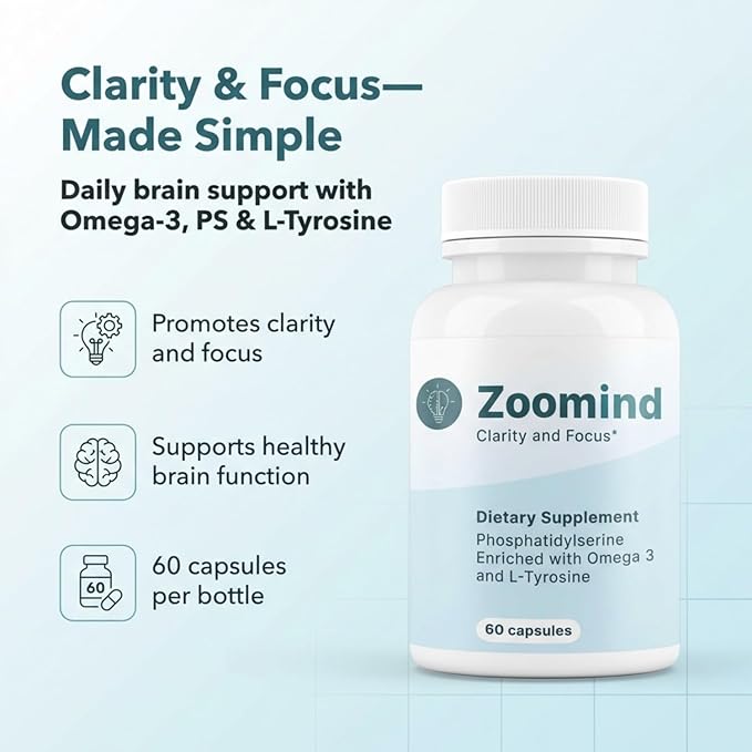 Zoomind Brain Supplements for Focus and Clarity Brain Health with Omega-3 Phosphatidylserine (PS) and L-Tyrosine. Supports Healthy Brain Function 60 Capsules