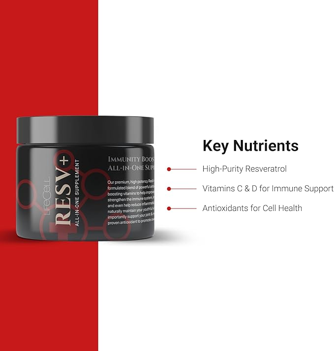 LifeCell ResV+ All-in-One Immunity Supplement – Resveratrol Vitamin C and D – Supports Healthy Aging Skin Hydration Joint and Heart Health – 100% Vegan – 60 Capsules – 30-Day Supply