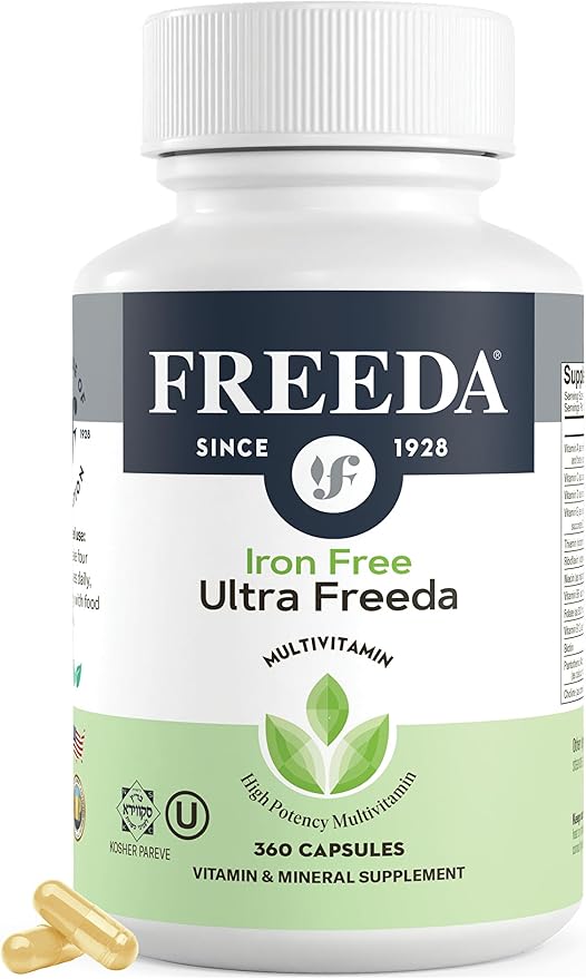FREEDA Maximum Strength Multivitamin – High Potency Daily Supplement for Active Adults (Men &amp Women) – Iron Free – SCD Diet Compatible – 120 Capsules – Ultra Freeda