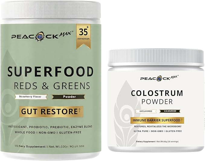 Colostrum + Reds and Greens Powder Virtual Bundle Reds and Greens 11.64 Oz 30 Servings and Unflavored Bovine Colostrum 60 G 30 Servings Non GMO Gluten Free