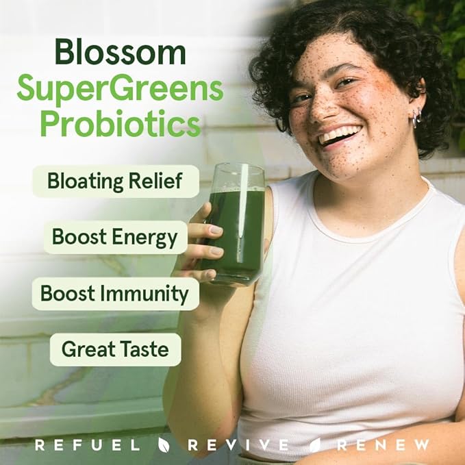 Blossom SuperGreens Probiotics – Digestive Enzymes &amp Pre/ProBiotics for Bloating Relief – 30+ SuperGreens &amp SuperReds to Boost Energy –Organic Gluten-Free No Fiber 0g Sugar Non-GMO (Origin