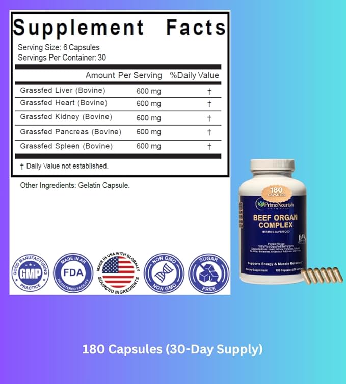 Beef Organ Supplement Capsules for Energy &amp Vitality – Grass-Fed Organ Complex (Liver Heart Kidney Pancreas Spleen) 180 Capsules Hormone-Free Made in USA