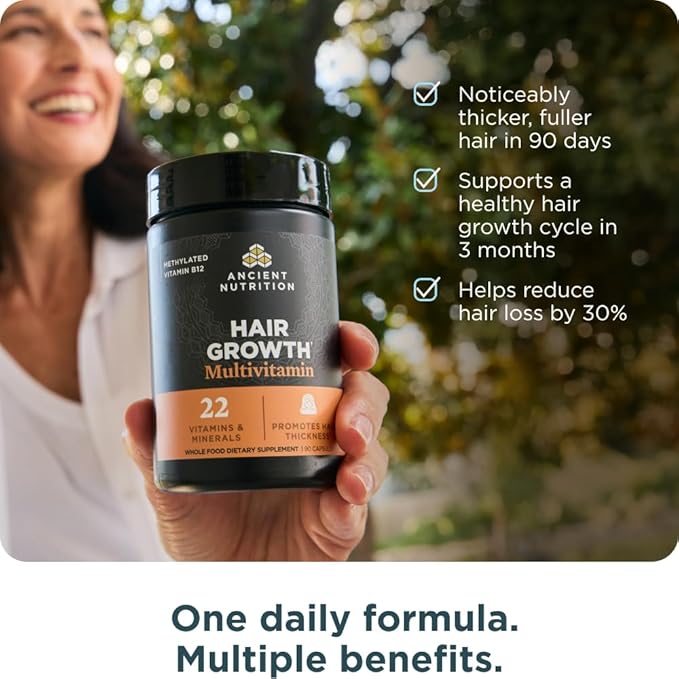 Ancient Nutrition Hair Growth Multivitamin – Supports Thicker Hair Less Shedding Smoother Skin &amp Stronger Nails – with Solubilized Keratin Powered by Peptides 22 Vitamins &amp Minerals – 30 S
