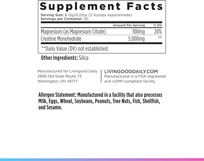 Livingood Daily Creatine + Magnesium Powder Unflavored | 5g Micronized Creatine Monohydrate with Magnesium for Energy Muscle Recovery &amp Performance | 30 Servings