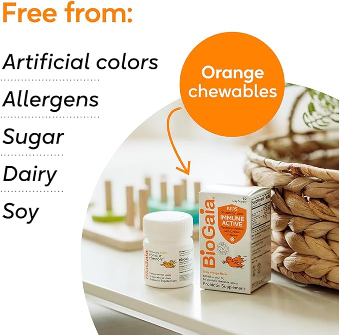 BioGaia Immune Active Kids | Probiotic + Vitamin D | for Digestive &amp Immune Health | Ages 3+ | Allergen Dairy Soy &amp Gluten Free | Trusted By Pediatricians | 60 Day Supply | Orange Flavored C