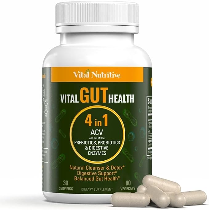 Vital Gut Health 4in1 Formula with Apple Cider Vinegar Prebiotics &amp Probiotics Digestive Enzymes for Strong Immunity Support and Complete Gut and Digestion Support- 30 Days Supply