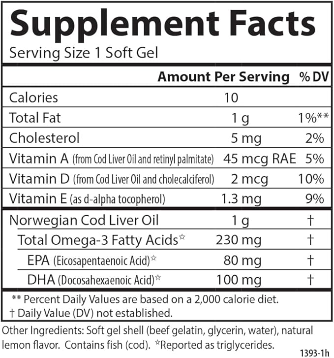Carlson - Cod Liver Oil Gems Low Vitamin A 230 mg Omega-3s Norwegian Wild Caught Sustainably Sourced 300 Softgels