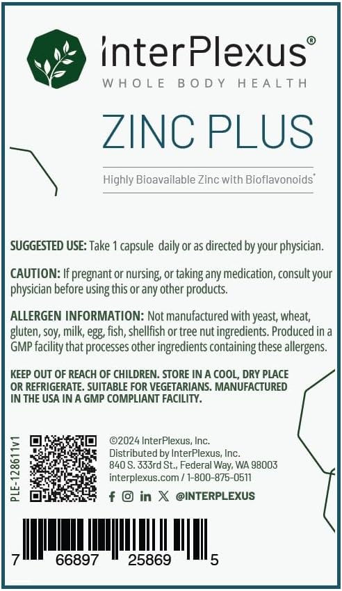 InterPlexus Zinc Plus - Zinc with Vitamin C and Organic Citrus Bioflavanoids to Support a Healthy Immune System - Gluten Free Dairy Free Soy Free - 60 Capsules (60 Servings)