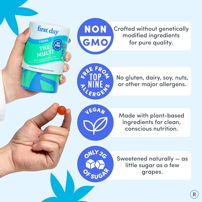 FIRST DAY Vitamins for Teens - Teen Multi Vitamins for Girls &amp Boys 12-17 Organic Fruit &amp Veggie Blend - 12 Key Nutrients: Vitamins A B1 B2 B6 B9 B12 C D3 E K2-30 Day Supply