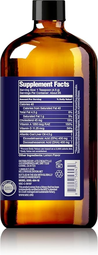 SOULSATION Icelandic Cod Liver Oil Liquid Lemon (16oz) - Vitamins A &amp D EPA &amp DHA - Helps Vision Skin Membranes &amp Immune Function - MSC Certified Non-GMO (Pack of 3)