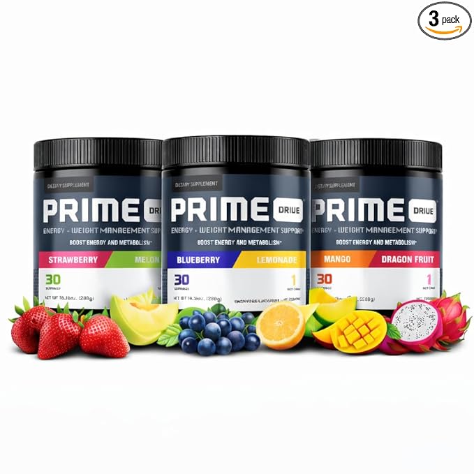 PRIME DRIVE 3 PACK + FREE SHAKER (STRAWBERRY MELON- BLUEBERRY LEMONADE- MANGO DRAGONFRUIT)