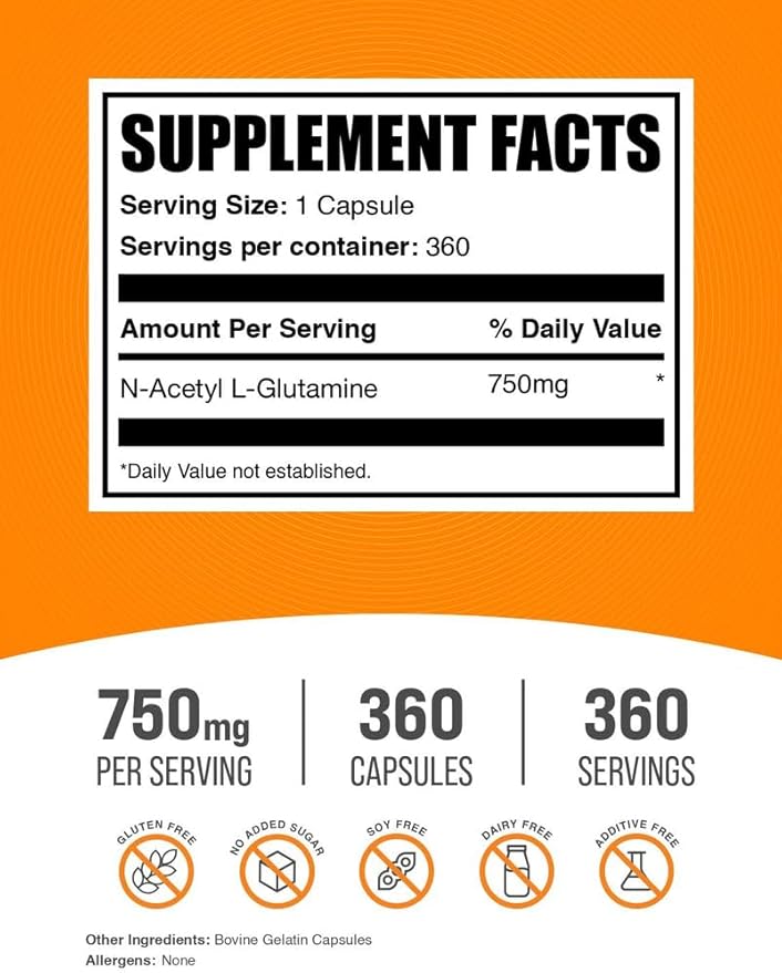BulkSupplements.com N-Acetyl L-Glutamine Capsules - Glutamine Supplement Amino Acids Supplement - Gluten Free 1 Capsule per Serving (750mg) 360 Count (Pack of 1)