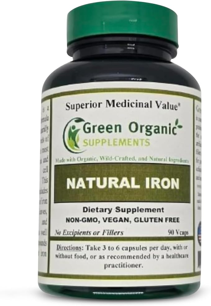 (Pack of 1) Green Organic Supplements' Iron 2000mg 90 Hand Made Vegan Non-GMO &amp Gluten Free Natural Iron Capsules