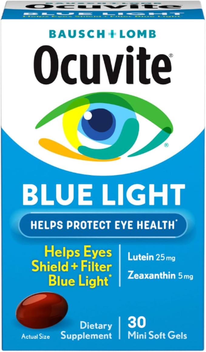 Bausch + Lomb Ocuvite Blue Light Eye Health – Mini Soft Gels with 25 mg Lutein + 5 mg Zeaxanthin – Eye Defense for Screen Time Gamers &amp Digital Device Users 30 ct (Pack of 4)