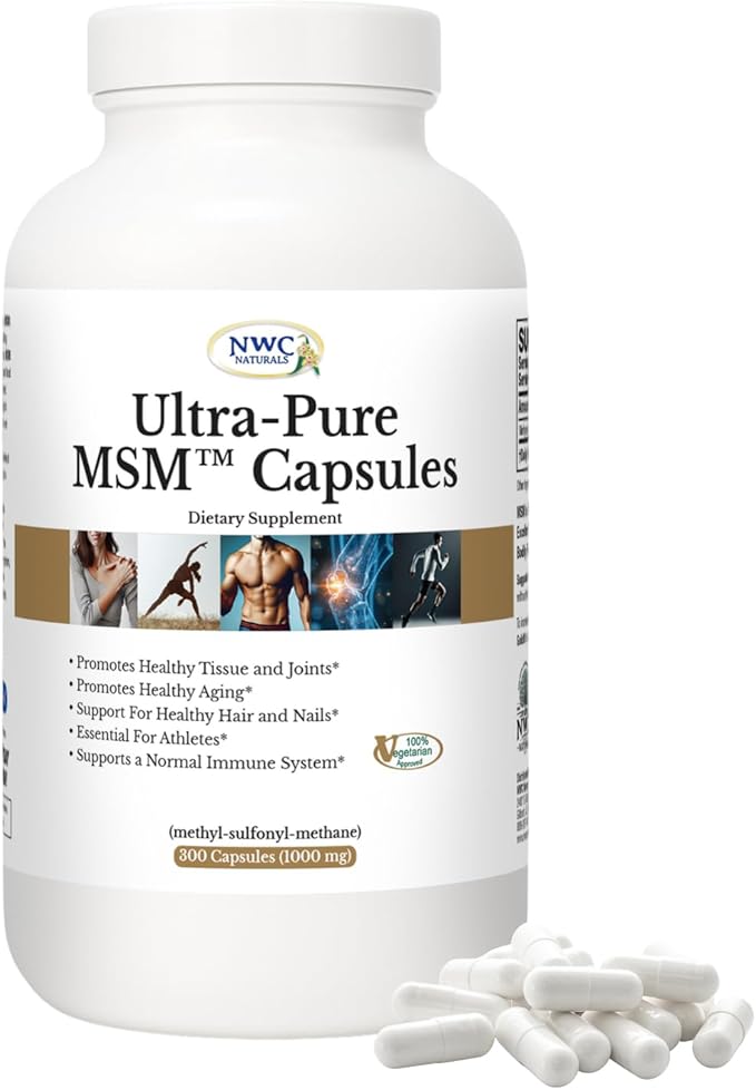 NWC Naturals Ultra-Pure MSM Capsules 300ct Bottle 1000mg Pure MSM for Joint Support