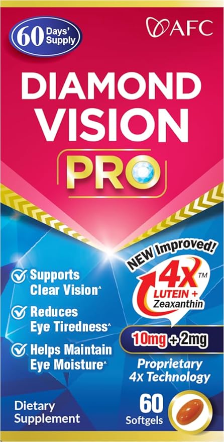 AFC Japan Diamond Vision PRO – Improved Up-Sized Formula - Lutein &amp Zeaxanthin 4X with Eye Vitamins – Visual Health Supplement for Adults Screen Exposure Night Use 60 Softgels