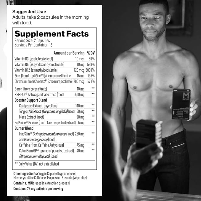 Mdrive Boost and Burn Testosterone Booster and Fat Burner for Men Energy Strength Stress Relief KSM-66 Ashwagandha Advantra Z Chromax 30 Capsules