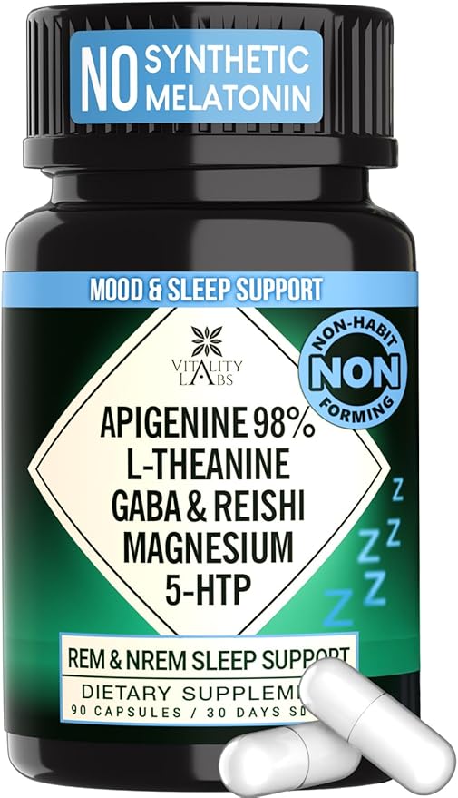 Natural Sleep Aid Supplement for Adults Without Melatonin - Non-Habit Forming Herbal Sleep - GABA L-Theanine Reishi Mushroom Apigenin Magnesium Glycinate 5-HTP - 90 Vegan Capsules