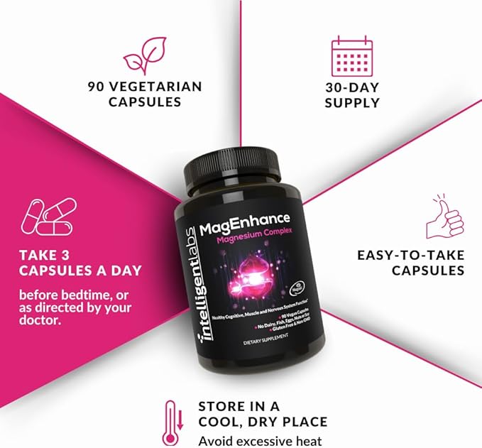 Intelligent Labs MagEnhance Magtein Magnesium Complex Supplement L-Threonate with Magnesium Glycinate and Taurate 90 Capsules