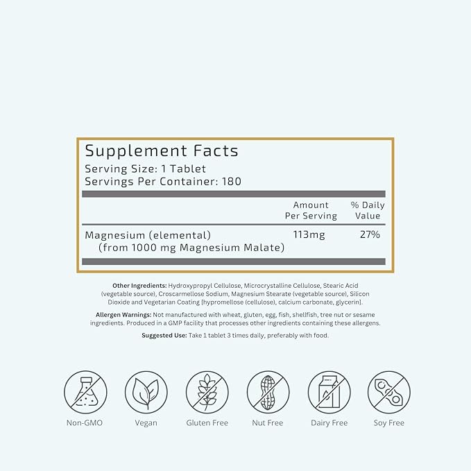 VTC VitaTradingCo. Magnesium Malate | 113mg Elemental Magnesium | Cofactor for 300+ Enzymes | Gentle &amp Highly Absorbable | Nervous System Muscle &amp Bone Support | 180 Tablets