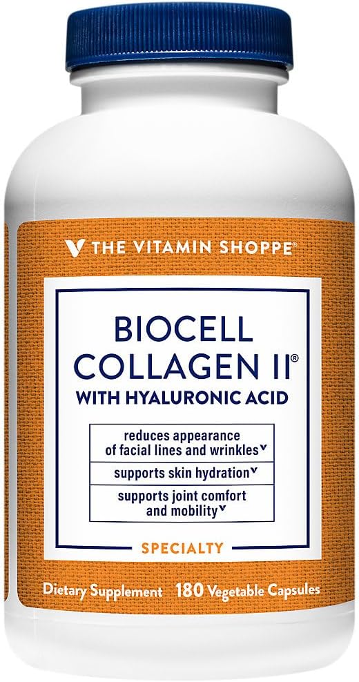 The Vitamin Shoppe BioCell Collagen Capsules with Hyaluronic Acid 1000 mg Collagen per Serving Supplement for Men and Women Supports Daily Wellness Routines Gluten Free Non GMO 180 Capsules