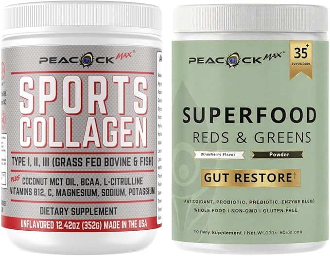 Sports Collagen + Reds &amp Greens Powder 12.42oz Bundle - Prebiotics Probiotics Antioxidants BCAA Magnesium Electrolytes Gut Health &amp Immunity