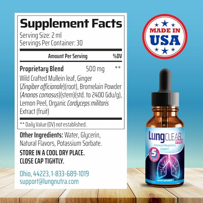 Lung Support Supplement Drops with Wild Mullein Leaf Extract for Lungs and Mucus Relief Support - 2 Fl oz - 6 Bottles