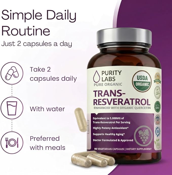 Purity Labs Trans-Resveratrol Supplement 5000 mg Equivalent per Serving with Quercetin USDA Organic High Potency Antioxidant Vegan Capsules 90 Count
