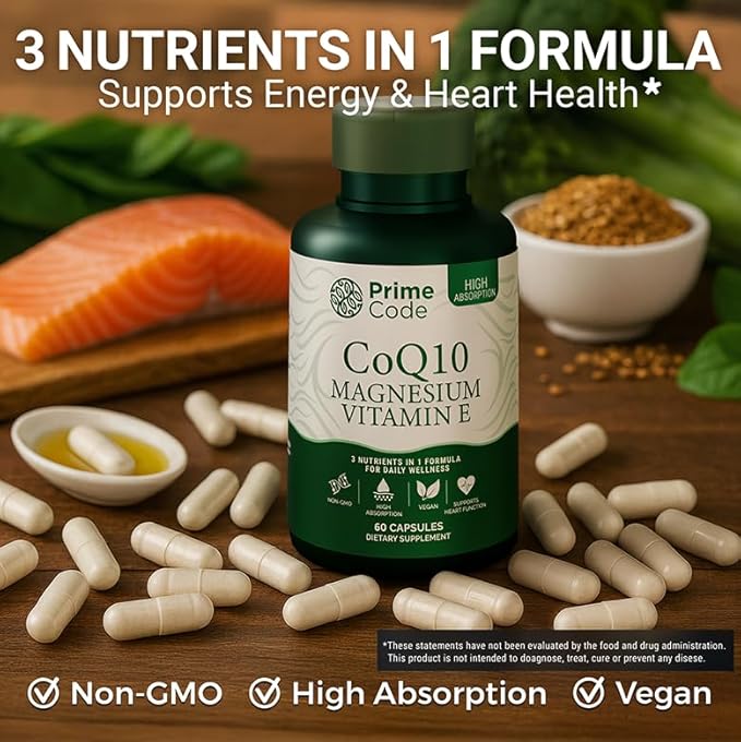 Prime Code [ 3 𝐢𝐧 𝟏] CoQ10 250mg with Magnesium Glycinate and Vitamin E | CoQ10 Capsules 250mg | Magnesium Glycinate 200mg | Vitamin E 15mg | Non-GMO | Gluten &amp Soy Free | Vegan