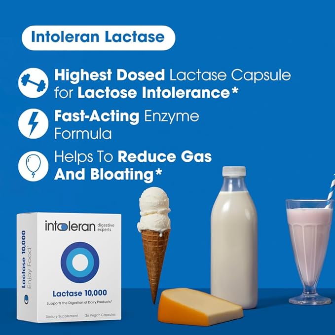 Intoleran Lactase 10000 Digestive Enzymes - 36 Capsules | Supplement for Lactose Intolerance | Lactase Enzyme That Helps Digest Dairy &amp Lactose | High Dosed &amp Fast Acting | Pure &amp Vegan |