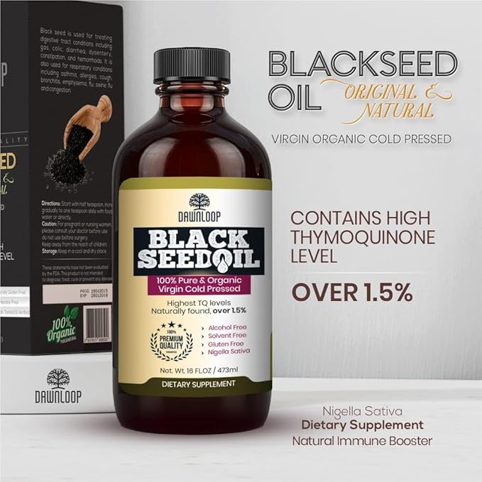 DAWNLOOP Organic Cold Pressed Black Seed Oil (16oz) – 100% Pure Nigella Sativa Black Cumin Seed Oil for Immune Digestive Joint &amp Brain Support – Gluten Free Non‑GMO