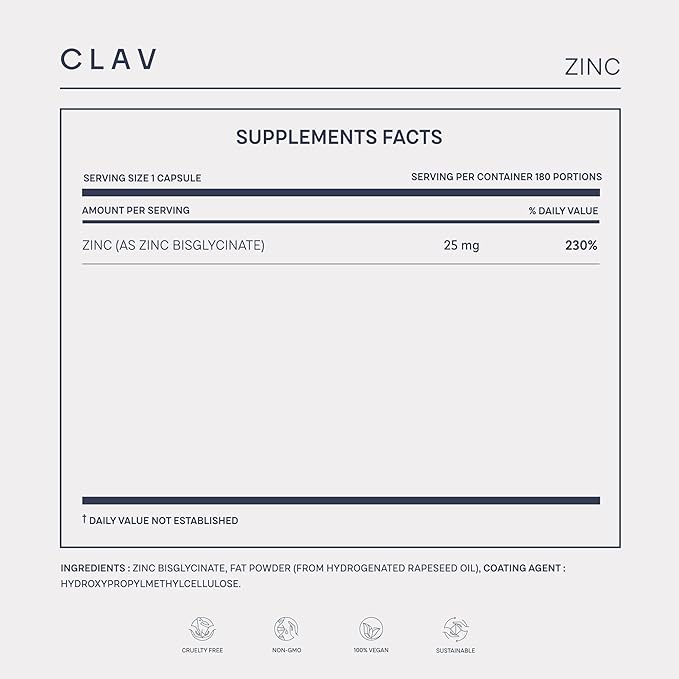 CLAV® Zinc Bisglycinate 25mg - 180 Tablets (6 Months Supply) - Natural Chelated Supplement - Vegan Glycinate for Immune &amp Skin Support