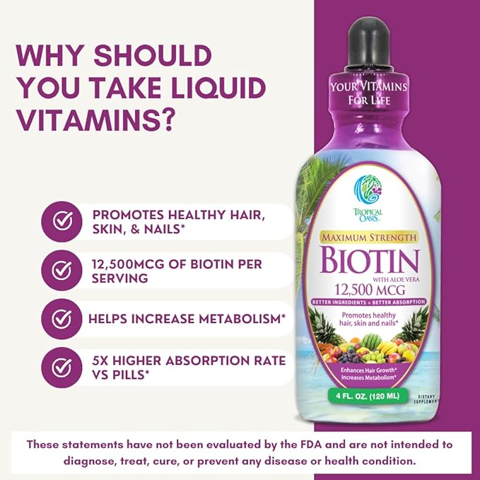 Maximum Strength Liquid Biotin Drops w/ 12500 MCG – Best Vitamins for Fast Hair Growth Reduced Hair Loss Healthy Skin &amp Strong Nails -5X More Potent Than Pills– Max Absorption Vegan– 4oz 30 S