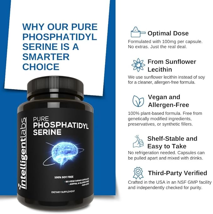 Intelligent Labs Phosphatidylserine Supplement 100mg 90 High Strength Capsules 100% Soy and Allergen-Free Pure Phosphatidylserine from Sunflower Lecithin