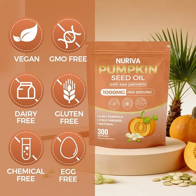 Nuriva Pumpkin Seed Oil with Saw Palmetto Capsules – 2-in-1 Formula Cold-Pressed Virgin Oil 300 Softgels | Essential Fatty Acids | Supports Hair Growth Bladder &amp Prostate Health | Non-GMO(1 PAC