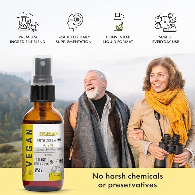 Organic Raw Bromelain Mist-Liquid Pineapple Extract - Enhanced Potency 500mg for Kids &amp Adults - Non-GMO - 60ml 120 Day Supply