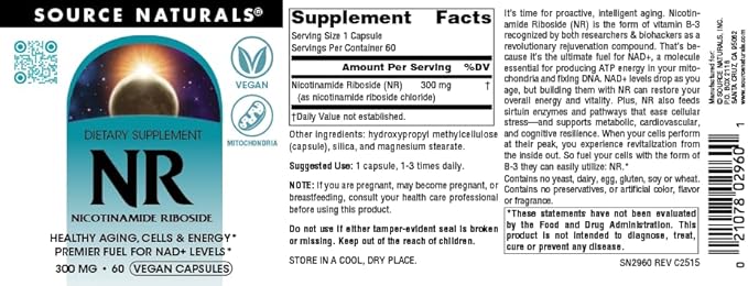 Source Naturals NR Nicotinamide Riboside Vegan Dietary Supplement for Mitochondria Healthy Aging Cells &amp Energy* Premier Fuel for NAD+ Levels 300 mg - 60 Vegan Capsules