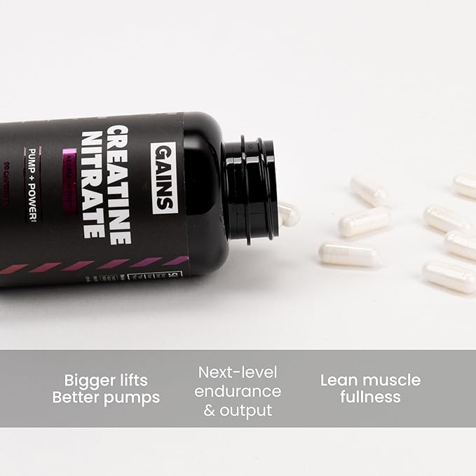 Gains in Bulk Crea-Nitric Creatine Nitrate Pre Workout Supplement Nitric Oxide Support Promotes Muscle Strength Pump and Non-Stim Energy Supplements for Men and Women Gluten Free 90 Capsules