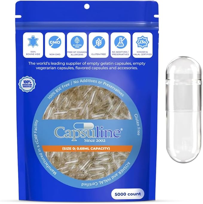 Capsuline Size 0 Empty Gelatin Capsules Clear - 5000 Count | Gluten Free Kosher Non-GMO Certified | Pure Bovine Pill Caps for DIY Supplement Filling